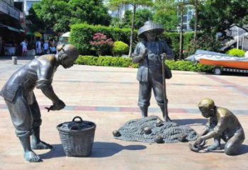 噴漆漁民雕塑 中式村口民俗雕塑 草地捕魚(yú)雕塑