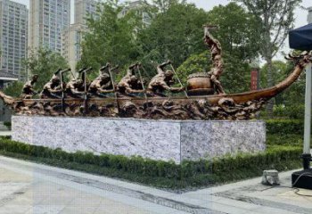 龍舟雕塑 異形噴水劃槳雕塑 農村競賽雕塑