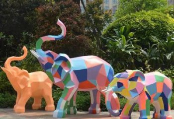 彩繪大象雕塑選用，小區(qū)擺件，大型幾何大象雕塑公司