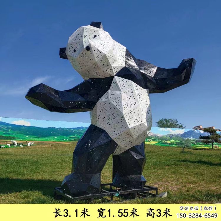 熊貓雕塑擺件，彩鋼制作，大型切面熊貓雕塑公司展品